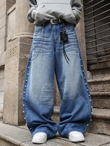 Calça Jeans Masculina Reta Lavada Azul Claro, Estilo Vintage Y2K, Minimalista e Versátil, Adequada para Todas as Estações