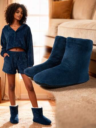 New Mid-Calf Blue House Slippers Couple Style, Thermal Lined Thick Short Boots, Comfortable Warm Coral Velvet Non-Slip Soft Bottom Indoor Leg Warmers, Postpartum Shoes, Slip-On, Plus Size Men Wear One Size Larger