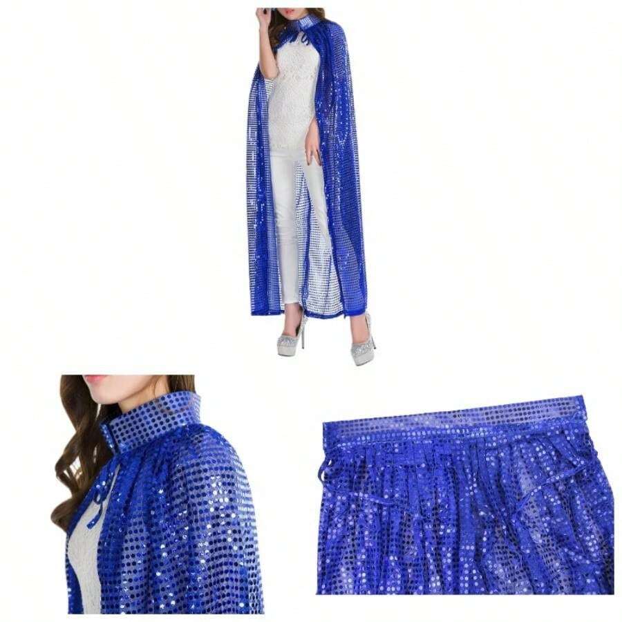 Adult Women Long Maxi Paillette Cosplay Cape Halloween Xmas Party Sequins - Blue - View 1