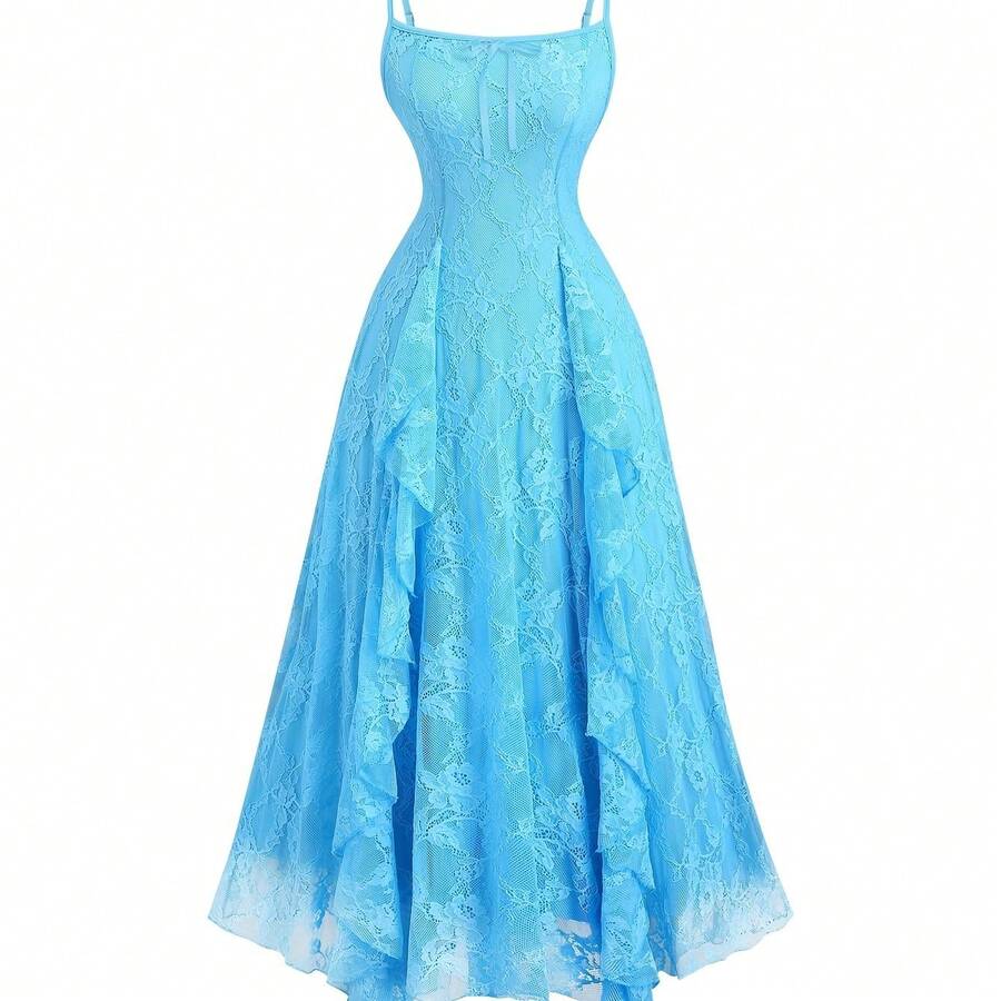 [Elegant Lace Dress] Sleeveless Elegant Blue Lace Midi Dress | Ruffle Hem, Cinched Waist, Flowing Skirt For Women - Perfect For Summer Events, Formal Attire - Sky Blue - 查看 1