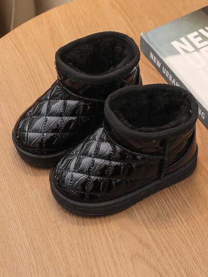 1 Pair Kids Snow Boots, Girls Plush Lined Waterproof Leather Boots, Boys Soft Sole Anti-Slip Slip-On Short Boots, Winter New Style