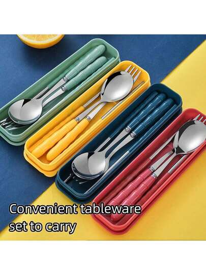 1 Conjunto, Talheres Portáteis com Caixa, Incluindo Garfo, Colher e Pauzinhos, Utensílios Reutilizáveis para Piqueniques ao Ar Livre, Camping e Viagens