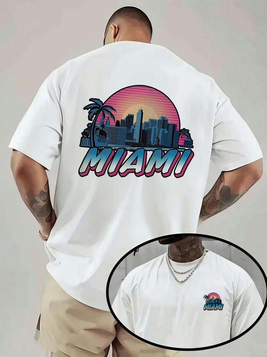 Miami Graphic T-Shirt, Premium Cotton Blend Casual Top With Double-Sided Print, Oversized And Durable Basic: A Timeless Piece Of Clothing. - White - View 1