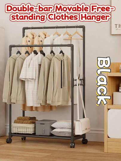 1pc Dual-Bar Movable Floor Coat Rack, Multi-Functional Rolling Clothes Storage Rack For Bedroom, Living Room, Balcony, Large Capacity Garment Organizer & Drying Rack