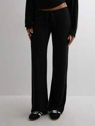 Damen Lässig schwarze Schlupfhose mit weitem Bein, Stoffhose mit Tunnelzug, mittellang, dehnbar