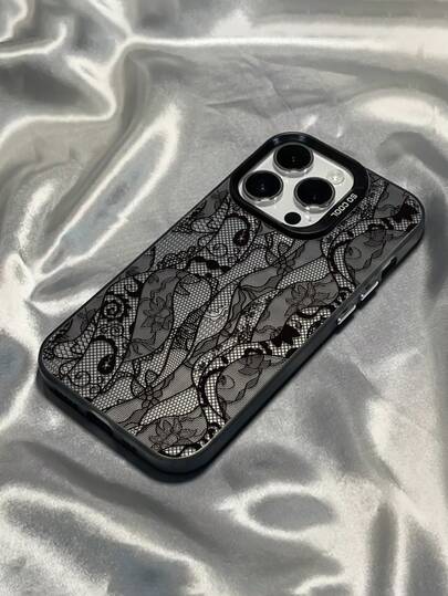 1pc Fashionable Personalized Lace Flower Striped Plaid Graphic Design Black IMD Shockproof Anti-Fingerprint Phone Case Compatible With IPhone 16/16Pro/16Plus/15/15ProMax/15Pro/11/12/13/14ProMax/11Pro/11ProMax/12Pro/12ProMax/13Pro/13ProMax/14Pro/14ProMax, Creative Premium