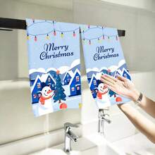 2PCS Christmas Kitchen Towels Snowman Christmas Village Scene Lights Dish Towels,, Contemporary Style, Minimalist, Suitable For, Hotel, Dining Room, Gym, Winter Decor Gift