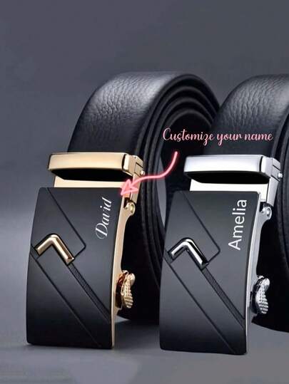 1 pieza Cinturón con hebilla automática personalizada con nombre, cinturón de cuero para hombre con grabado láser personalizado, 130 cm extra largo con patrón de serpiente, de alta calidad y duradero de cuero de vaca, elegante, casual, versátil, de negocios, artesanía de primera calidad, longitud ajustable, regalo ideal para novio, novio, esposo