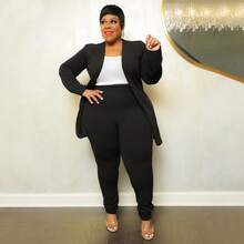 Plus Size Women's Classic-Color Long Sleeve & Trousers 2-Piece Set - Stretch Office Wear Elegant Suit Work & Daily Commute,Five Colors Are Available To Choose From.Please Check Size Chart Before Purchasing.Plus Size Fall Clothes Women,Plus Size Women Clothes,Vestidos Elegantes De Mujer,Western Wear Women Plus - 黑色 - 查看 1