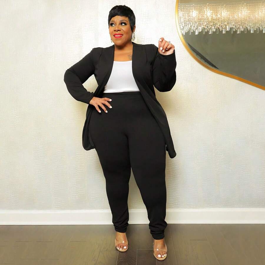 Plus Size Women's Classic-Color Long Sleeve & Trousers 2-Piece Set - Stretch Office Wear Elegant Suit Work & Daily Commute,Five Colors Are Available To Choose From.Please Check Size Chart Before Purchasing.Plus Size Fall Clothes Women,Plus Size Women Clothes,Vestidos Elegantes De Mujer,Western Wear Women Plus - 黑色 - 查看 1