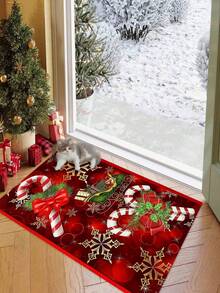 1pc Snowflake Bow Candy Element Velvet Christmas Carpet, Skin-Friendly, Soft, Non-Slip, Doormat, Dining Room, Porch Entrance, Machine Washable, Foldable, Easy To Clean, Durable, Personalized Home Decor, Fashionable Home Decor, Christmas, Holiday - Red - View 4