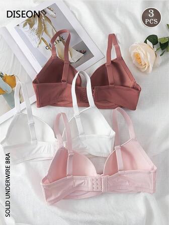 DISEON 3 件装女士纯色钢圈文胸聚拢文胸罩杯形状带纹理细节，可调节肩带防止乳房下垂，成人
