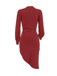 Vestido elegante de mujer con cuello plisado y volantes, vestido casual negro, manga farol con bajo dividido, adecuado para baile, fiesta, playa, cita, boda, reunión, vestido de primavera/verano para mujer, vestido elegante, de moda y sexy para mujer - Rojo - Ver 3