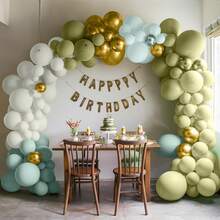 30 piezas, 10 pulgadas/25,4 cm Globos de confeti vintage en colores verde mate, azul neblina, azul dorado, blanco mate y dorado metálico, con cintas disponibles, adecuados para fiestas de cumpleaños, bodas, fiestas temáticas, baby shower, revelación de género, fiestas de cóctel, comunión, compromiso, aniversario, feriados tradicionales, ocasiones especiales, baile de graduación, para crear un telón de fondo soñador, arco y decoración de fondo - Verde retro, dorado y blanco. - Ver 5