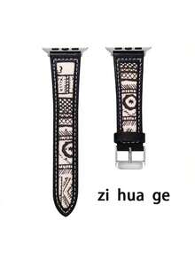 22mm Leather & Canvas Strap Compatible With Apple Watch Series 9 Ultra 8 7 6 5 4 3 2 1, Black & White Design