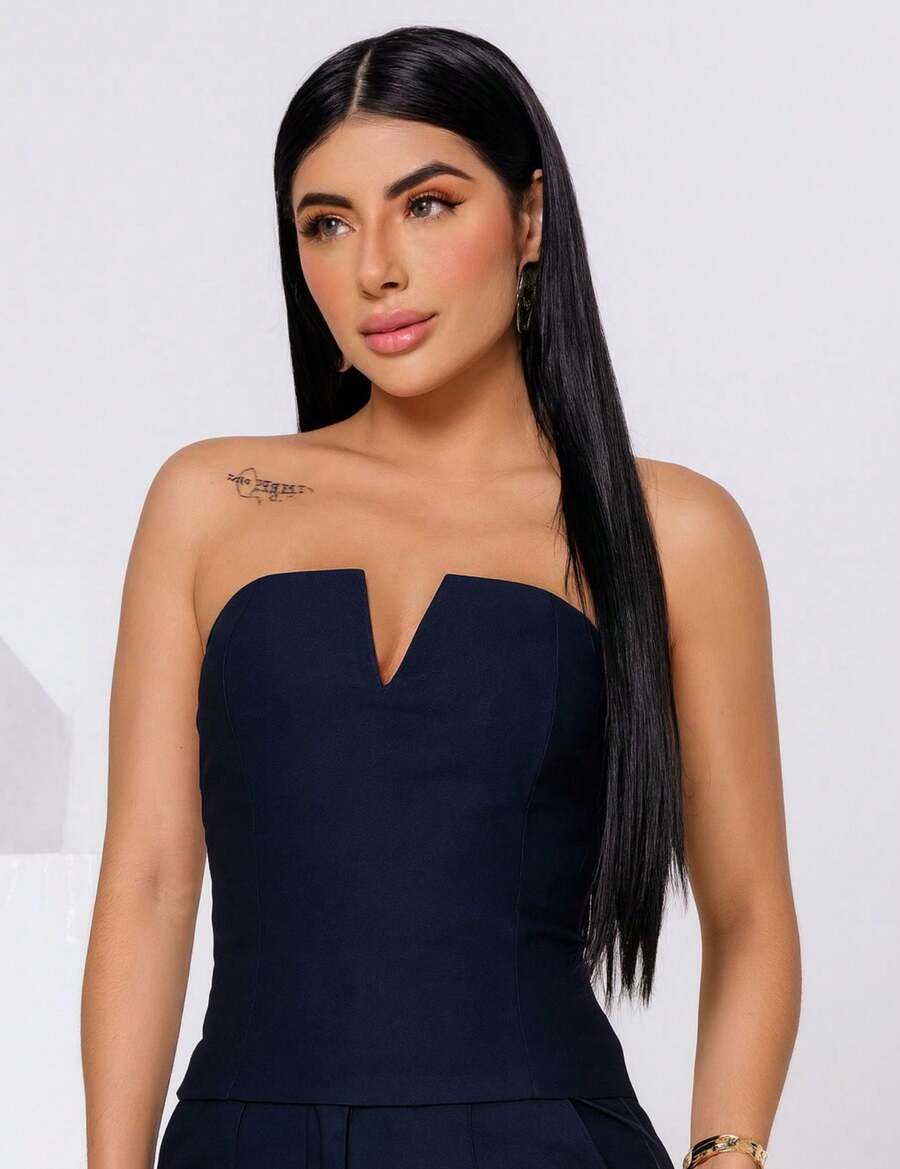 Cropped Estilo Corset/Corselet tomara que caia feminino com decote V tecido Lavezzi De Poliamida