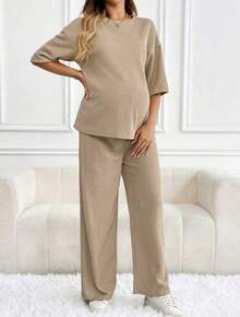 Conjunto Feminino Calça Pantalona e Camiseta Longa Manga Curta Canelado Confortável Soltinho Elegante e Despojado Oversize - Bege - Visão 2