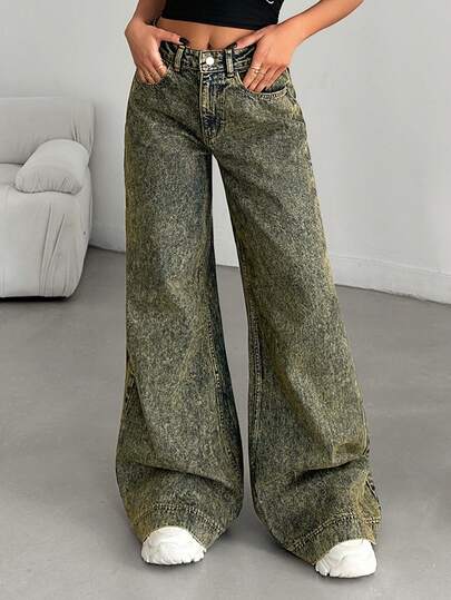 Damen Lässig Loose Straight Leg Jeans, Damen einfache Jeans mit Knopfverschluss und Taschen, Weite Beine, Damen Vintage Loose Stacked Straight-Leg Jeans, Abschlussballkleider zum 4. Juli