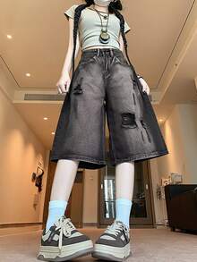 Quần short denim rách cổ điển mới 2025, quần dài thường ngày cá tính, giặt ombre phong cách đường phố - màu đen - Xem 4