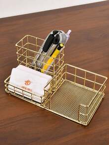 1pc/Aesthetic Gold Metal Desk Organizer Tray, Multi-Compartment Office Desk Storage Holder For Pens Makeup Brushes, Cute Desktop Accessories For Women, School Home Office Supplies (Gold/Rose Gold)