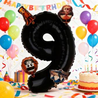 32-Inch Black Number Balloons With 4 Mini Foreign Shanhaijing Brainrot Creatures, Including Mini Tung Tung Tung Sahar, Cappuccino Assasino, Tralalelo Tralala, Barelina Kapucino Mimimi, 0-9 Inch Black Numbers, Suitable For Bathroom Decor, Birthday Balloon Decor, Party Supplies, Photo Props, Surprise Gift For Son/Daughter