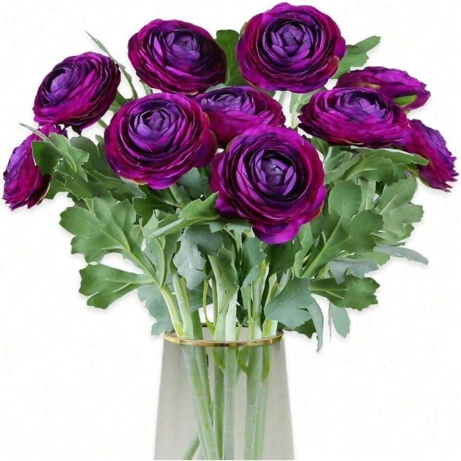 Artificial Ranunculus Flowers With Real Touch Stem, Silk Ranunculus Flowers(10 Pack) (White)-KF - Purple - View 1