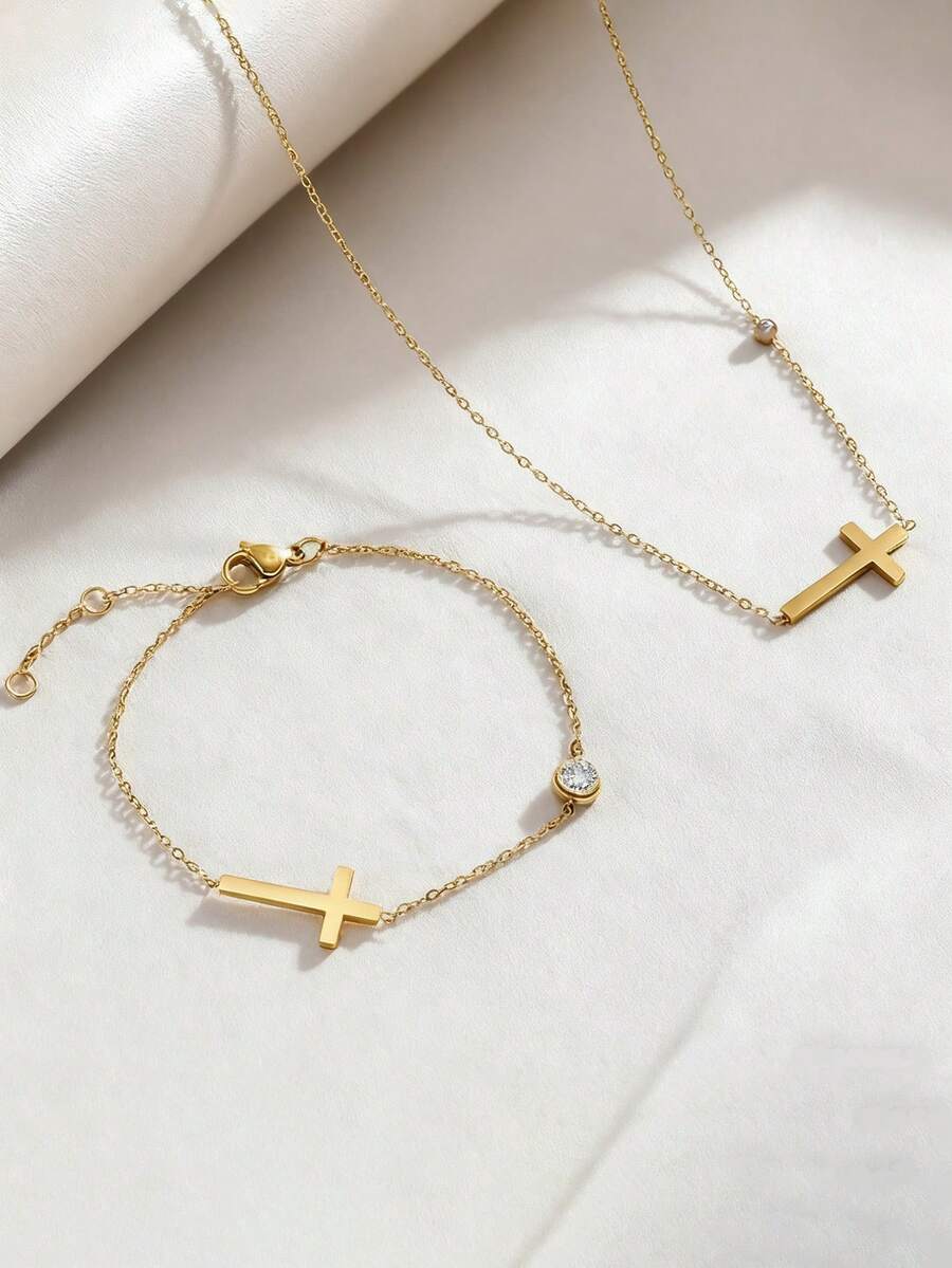 1 Set Minimalist Compact Cubic Zirconia Cross Necklace & Bracelet Jewelry Set For Women, Elegant Cross Pendant Necklace, Shiny Cross Bracelet, Suitable For Women's Daily And Commute Wear, Multifunctional Jewelry Set