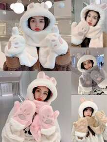 Conjunto de 4 en 1 de guantes, bufanda, gorro y máscara de oso para invierno, esencial para salidas en clima frío, bufanda con capucha con orejas de oso adorable para mujeres