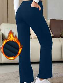 Women's High Waist Casual Sports Solid Color Button Pockets Straight Leg Pants - Navy Blue - View 5