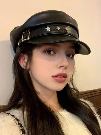 1 件女式黑色和红色闪亮皮革防水铆钉朋克风格平顶报童帽，适合派对、表演、购物和拍照