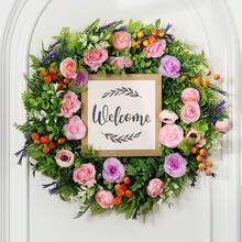 Coronas de Puerta para Primavera Y Verano, Corona de Flores Artificiales de 15.7 Pulgadas, Guirnaldas Decorativas Colgan con Bayas Artificiales, Flores Coloridas y Letrero de Welcome - 1 - Ver 2