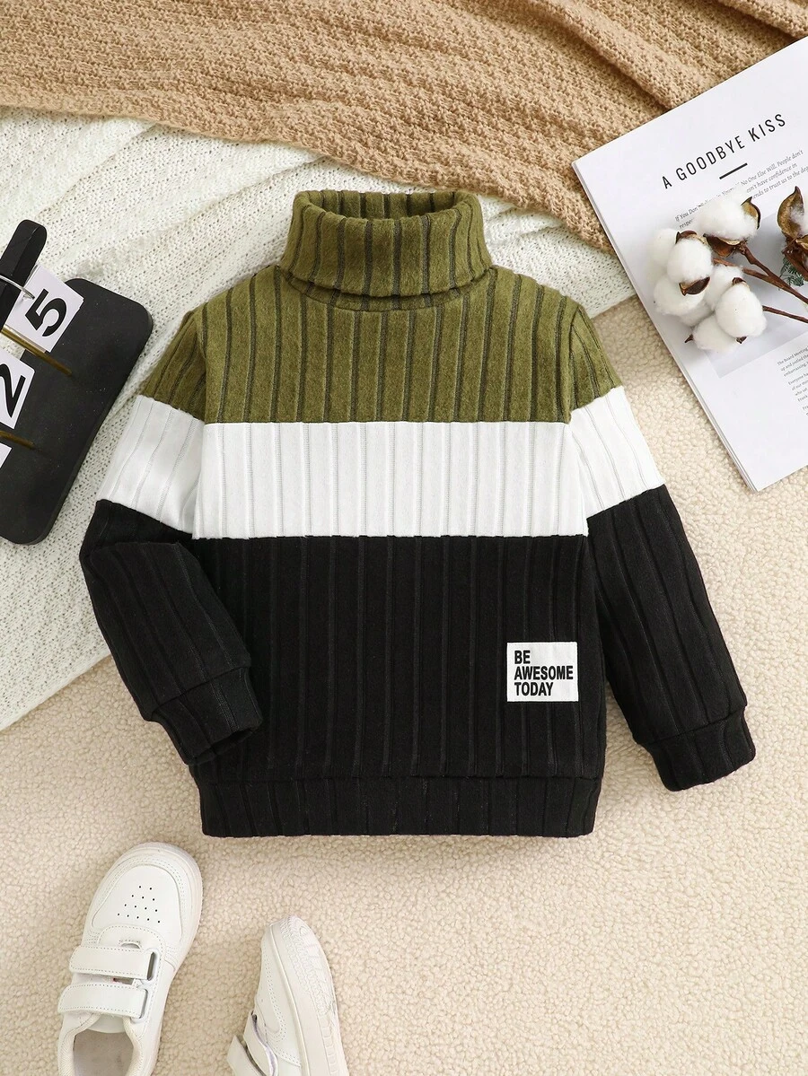 Young Boy Patchwork Contrast Color Ribbed Brushed Letter Graphic Turtleneck Sweatshirt - Army Green - View 1