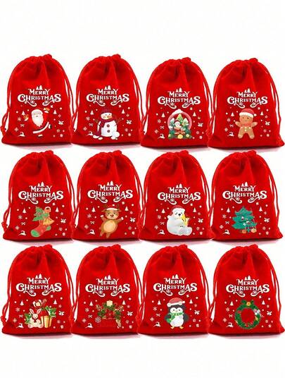 12PCS Bags - Small Velvet Drawstring Bags For Jewelry, Candy, Wedding Party - 12 Christmas Patterns - 3.5x4.7Inch