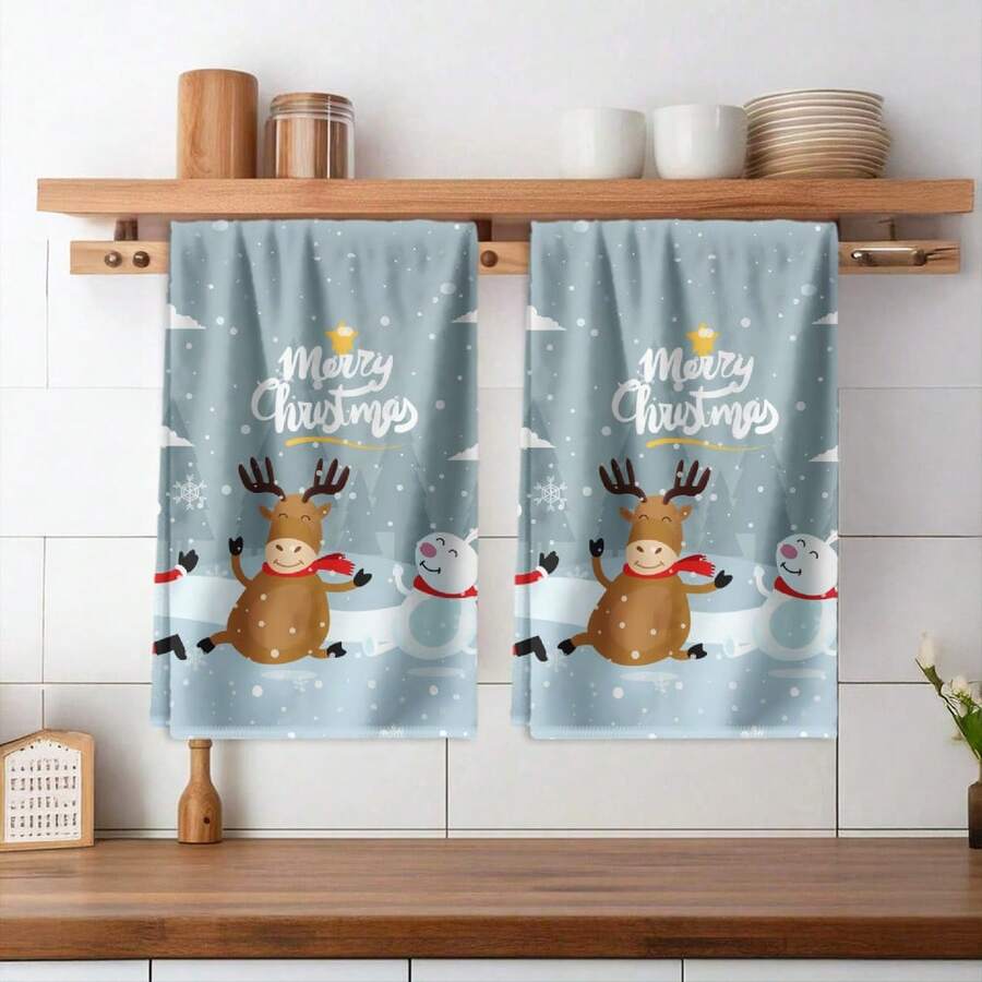 2PCS Christmas Kitchen Towels Reindeer Snowman Christmas Tree Stars Snowflakes Fingertip Towel, Contemporary Style, Highly Absorbent, Fine Workmanship, Suitable For, Hotel, Travel, Outdoor, Winter Decor Gift