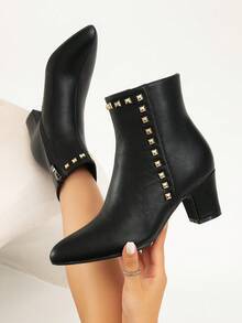 女士时尚粗跟靴，百搭拉链开合优雅尖头性感派对踝靴，秋季 - 黑色 - 查看 2