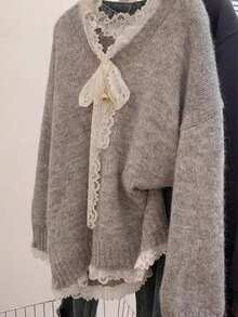 Women's Casual Cute Lace Trim Grey Knitted Sweater Top Pullover Long Sleeve Drop Shoulder Sweet Chic Office Work Fall Winter Going Out Outfits Clothes Christmas Thanksgiving