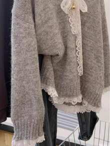 Women's Casual Cute Lace Trim Grey Knitted Sweater Top Pullover Long Sleeve Drop Shoulder Sweet Chic Office Work Fall Winter Going Out Outfits Clothes Christmas Thanksgiving