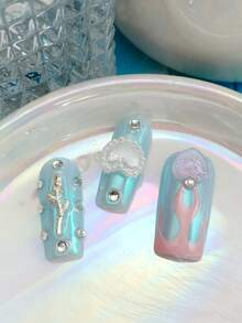 10pcs Glossy Y2K French Western Ocean Nail Art, Pink Nails, Red Nails, Light Blue Nails, Shiny Nails, 3D Handmade Starfish & Shell Decor, 3D Hand-Painted Wavy 3D Colorful Carved Rectangle Acrylic Nails, Perfect For Bikini Beach Matching. - 彩色 - 查看 5