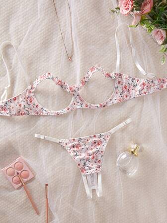 2 piezas Conjunto de lencería sexy para mujer, sujetador con diseño hueco y pantie con entrepierna abierta, ropa interior seductora con estampado floral ditsy
