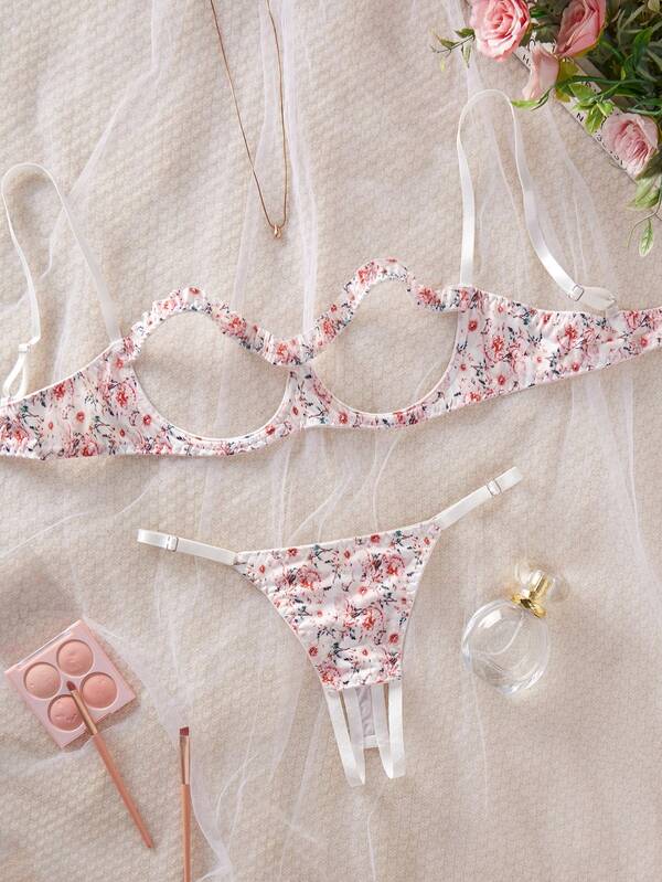 2pcs Women's Sexy Lingerie Set, Bra With Hollow Design & Panty With Open Crotch, Ditsy Floral Seductive Intimate Apparel