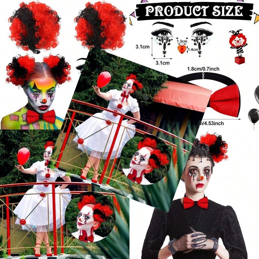 Dingion 4 Pcs Halloween Clown Accessories For Women Includes Hair Clip On Puff Buns Jewel Rhinestone Stickers Clown Bowtie