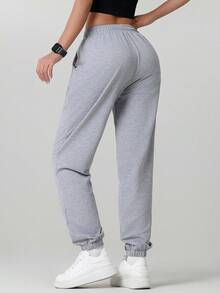 Plus Size Women Solid Color Sweatpants, Elastic Waist With Drawstring, Zipper Pockets, Suitable For Yoga, Running, Workout, Autumn/Spring