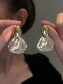 1pair Large Metallic Shell Shaped Women's Earrings Gold Silver Color Geometric Asymmetrical Minimalist Style Vintage Jewelry Party Gift Fashion Accessory LFVV - 銀色 - 查看 8