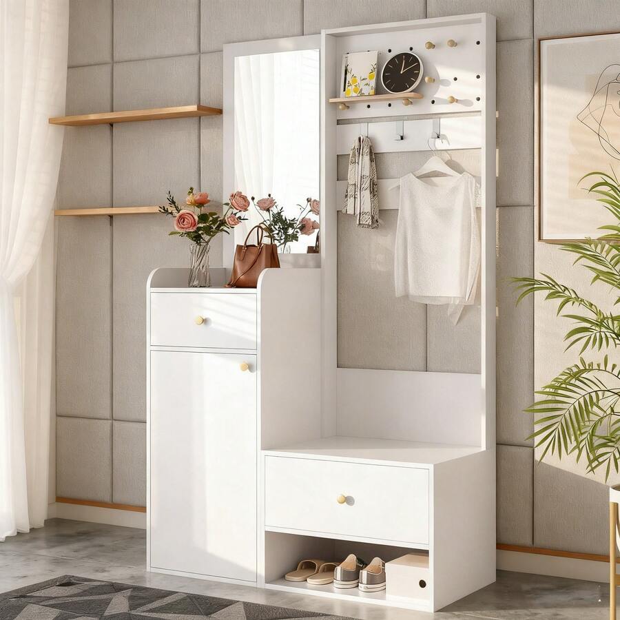 Hall Trees - White + Particle Board - View 1