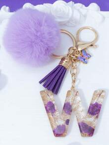 1pc Purple Starry Sky Dried Flower 26 Uppercase English Letter Resin Keychain, Bubble Fur Ball Glass Butterfly Tassel Decor, 18K Gold Lobster Clasp Design, Suitable For Bag Chain, Phone Strap, Gift For Friends, Mother, Christmas, Bag Charm, Car, Teacher, Sisters Gifts For Mother, Father, Graduation, And Teacher - Purple - View 13