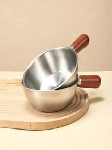 1/2pcs Stainless Steel Mini Pot With Walnut Anti-Scald Handle Pot And Spoon, Compatible With Induction Cooktop, Suitable For Instant Noodles, Salad, Rice, Household, Single Person, Kitchen Essential, Durable Cookware