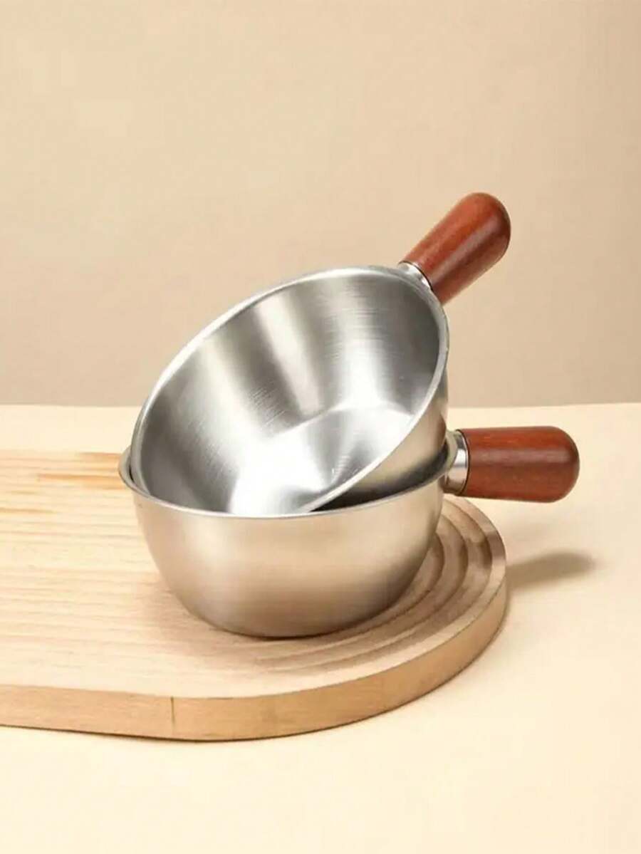 1/2pcs Stainless Steel Mini Pot With Walnut Anti-Scald Handle Pot And Spoon, Compatible With Induction Cooktop, Suitable For Instant Noodles, Salad, Rice, Household, Single Person, Kitchen Essential, Durable Cookware
