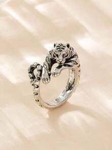 Tiger Shaped Adjustable Ring (1Pc), Vintage Silver Color, Unisex SQUZ - 古董銀器 - 查看 5