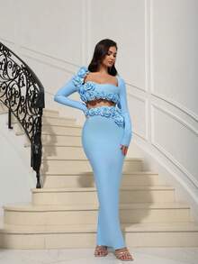 Floral Slit Sexy Long Sleeve Bandage Party Dress