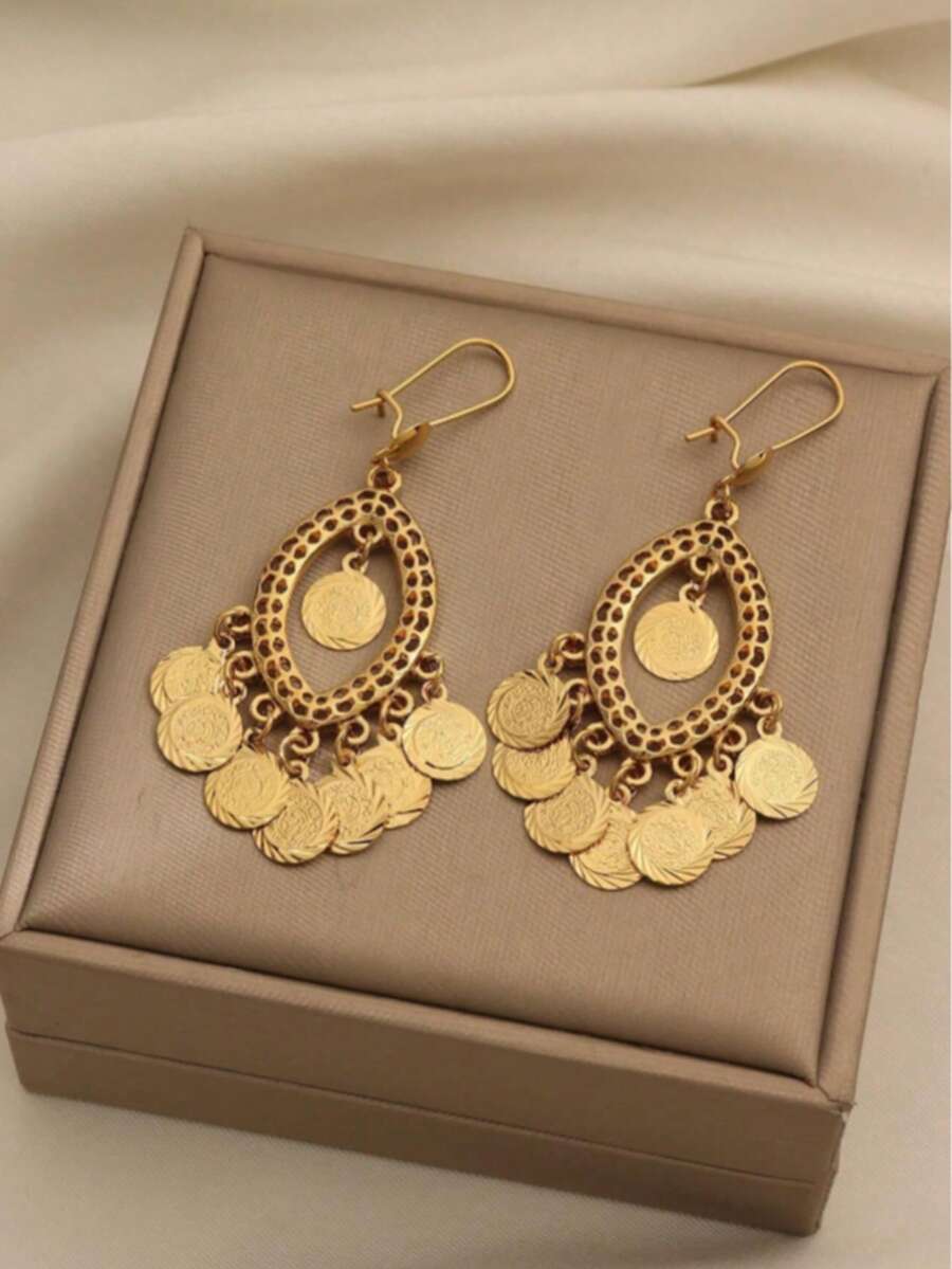 1 Pair Vintage Minimalist Copper Alloy Coin Tassel Earrings, Suitable For Women's Daily Wear, Holiday Gift (Gift Box Not Included)